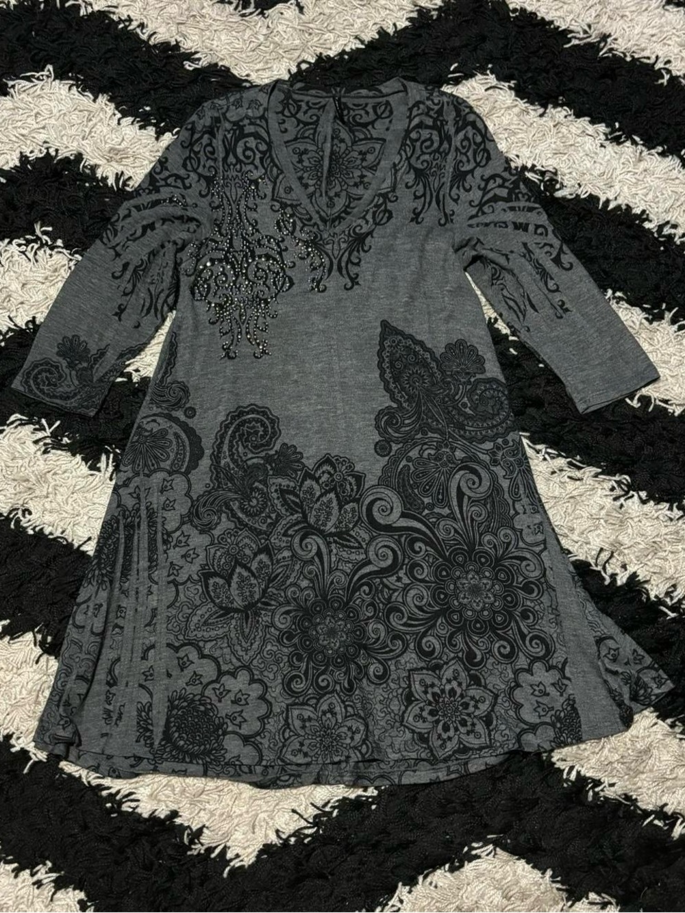 Emma Rose 90s Whimsygoth Bedazzled Floral Grey Black 3/4 Sleeve Midi Dress Large
